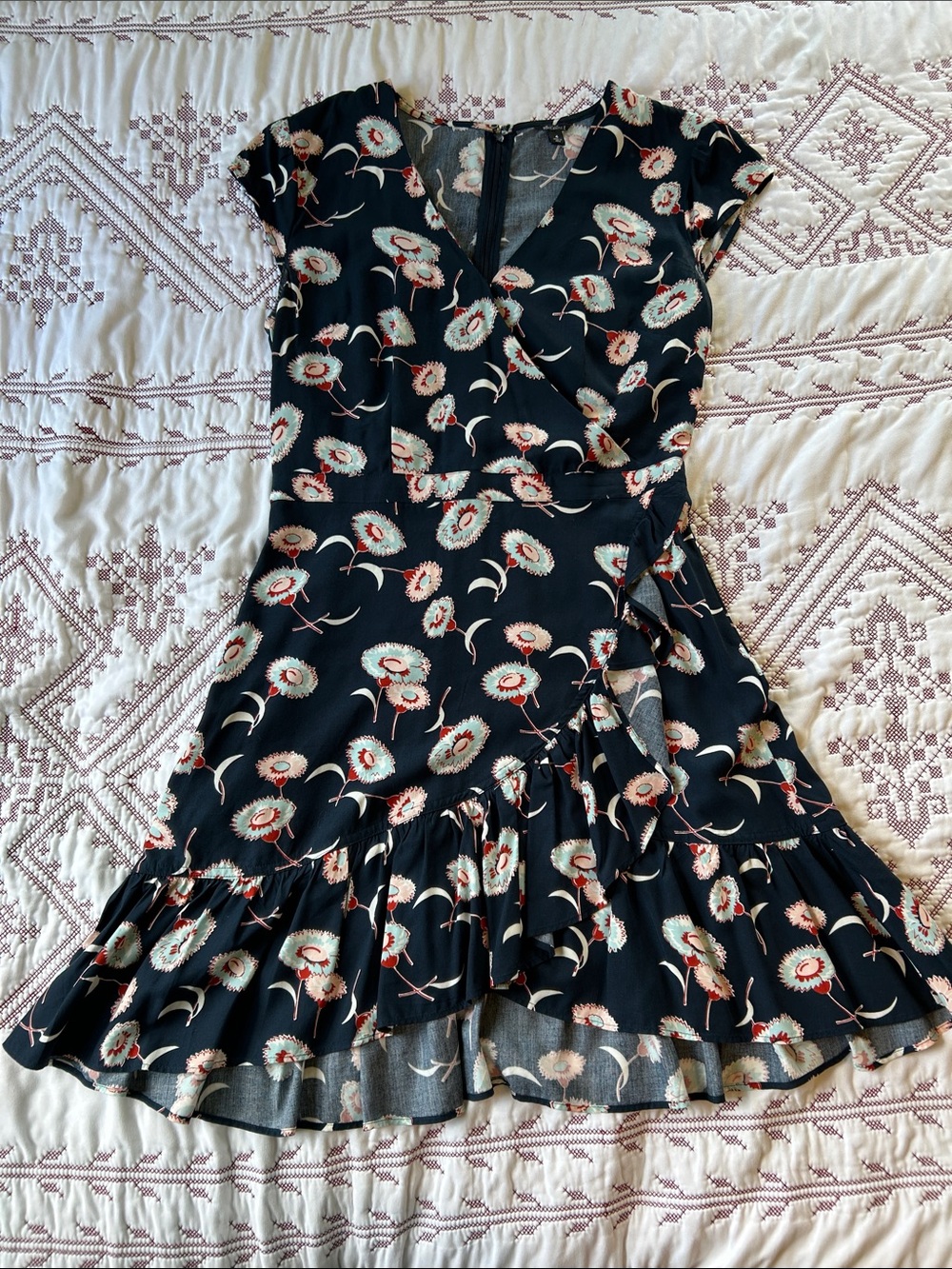Floral Wrap-Style Mini Dress in Navy and Cream with Teal and Rust Flowers